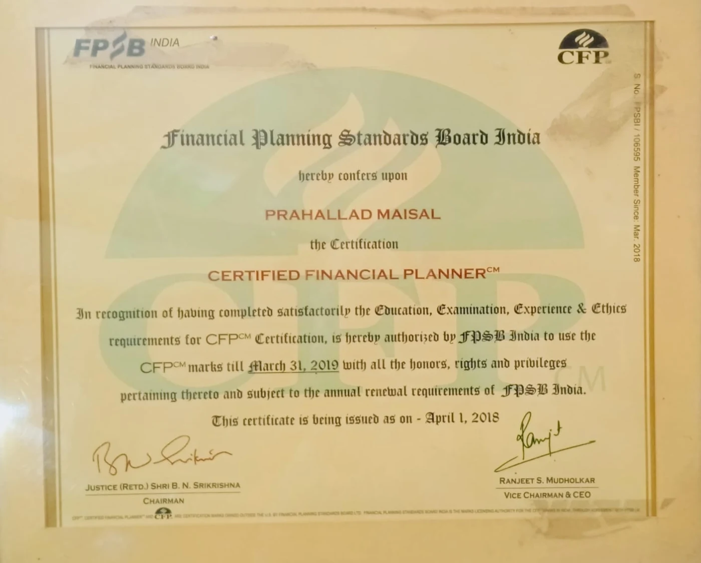 Historical Certified Financial Planner certificate